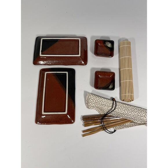 Vintage 12 Pc Hand Painted Japanese Sushi Set Plates Chopsticks Mat Stoneware - Picture 2 of 8